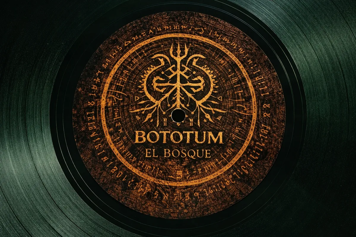 Detalle conceptual del vinilo verde y la etiqueta central de Bototum